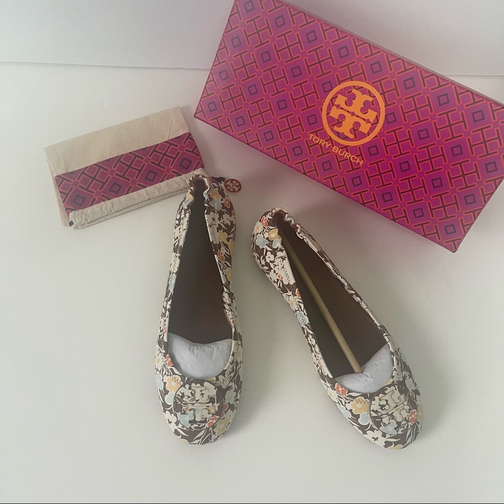 Tory Burch Floral Minnie Travel Ballet With Leather Logo NIB Reverie Combo Color - Picture 2 of 14